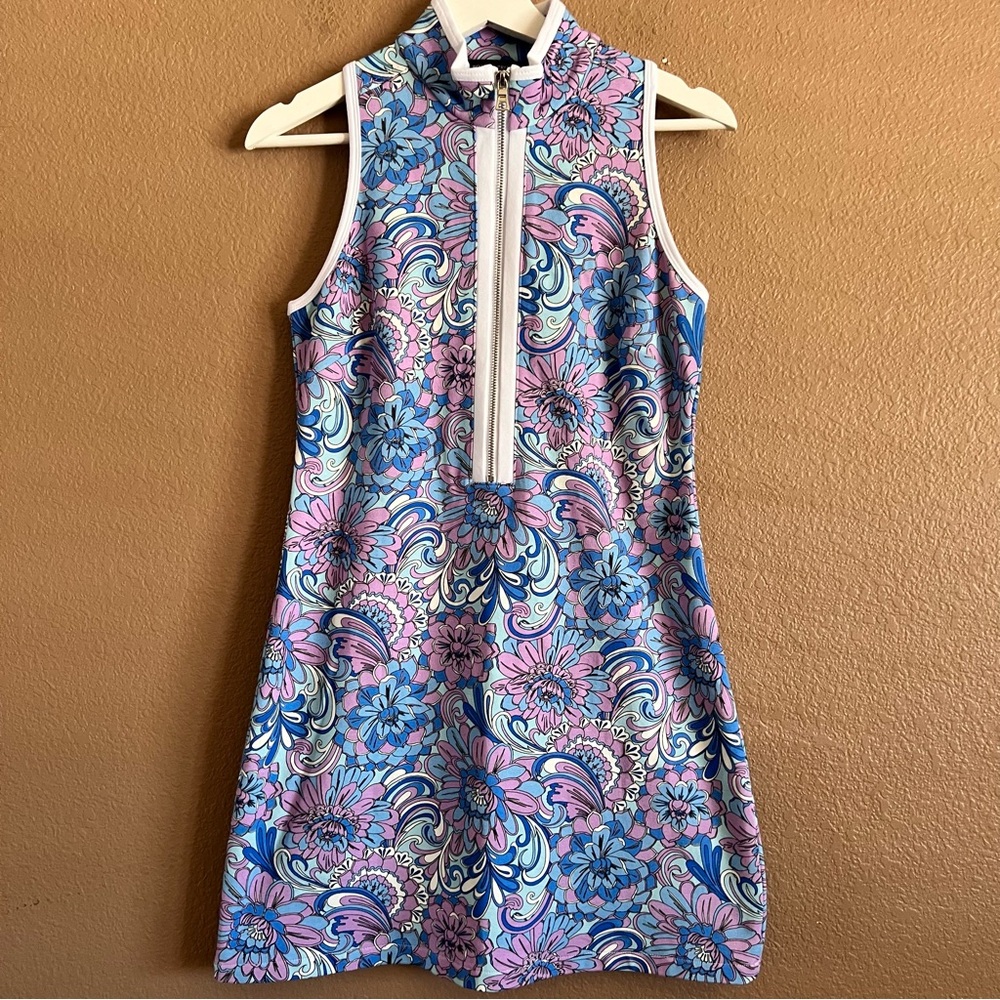 Boston Proper Abstract Blue Floral Sleeveless Chic Zip Dress Size XS
